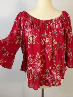 Denim & Supply Ralph Lauren Red Floral Print Off Shoulder Ruffle Trim Top M